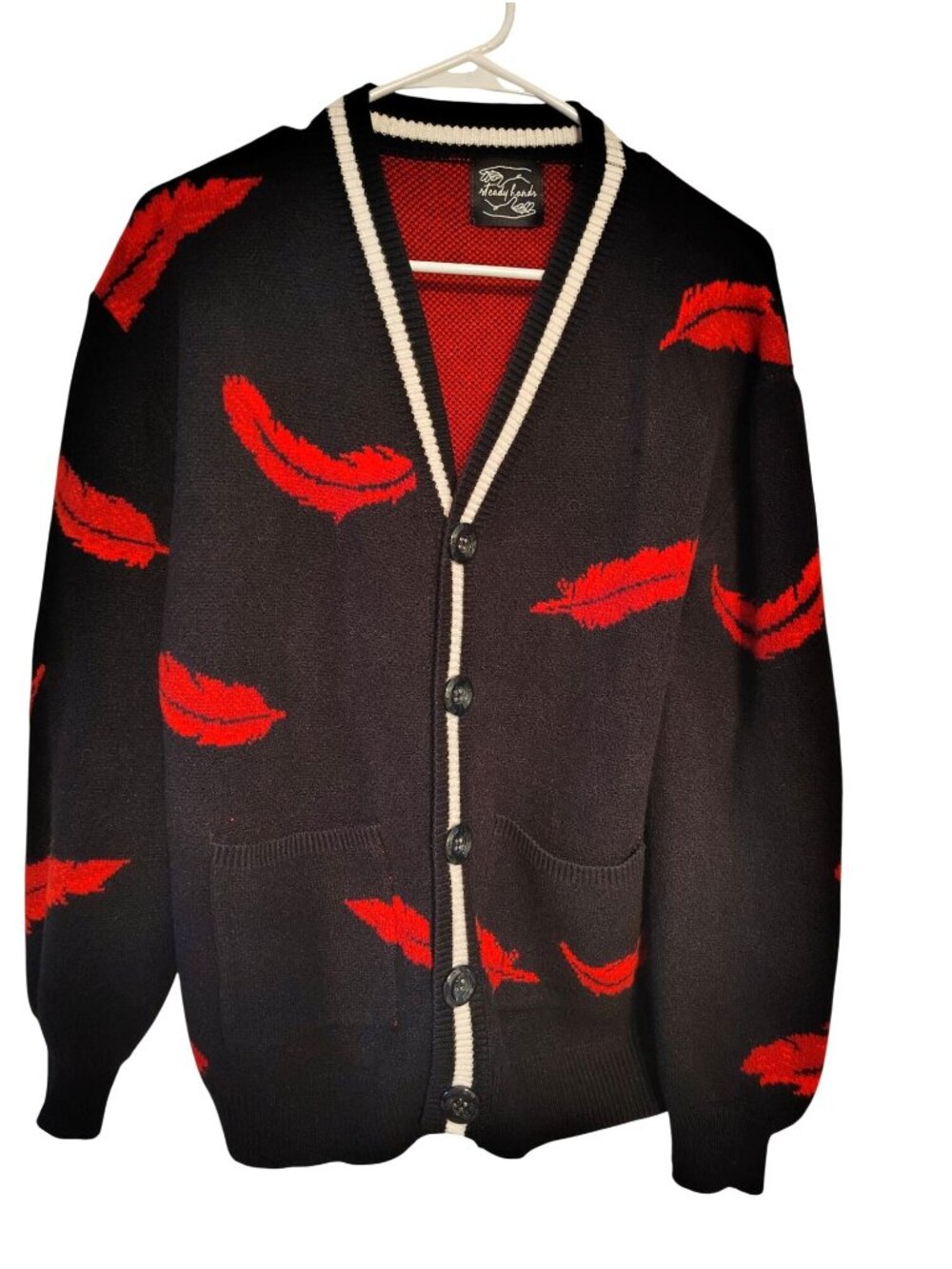 Steady Hands Red Feathers Black Cardigan Sweater, Halloween Small, Medium Boho